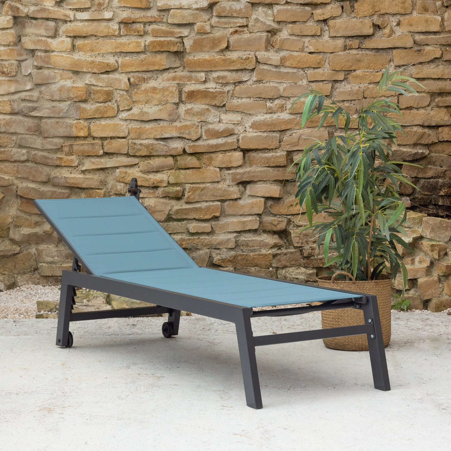 BARBADOS ligstoel in grijs-blauw textilene - antraciet aluminium